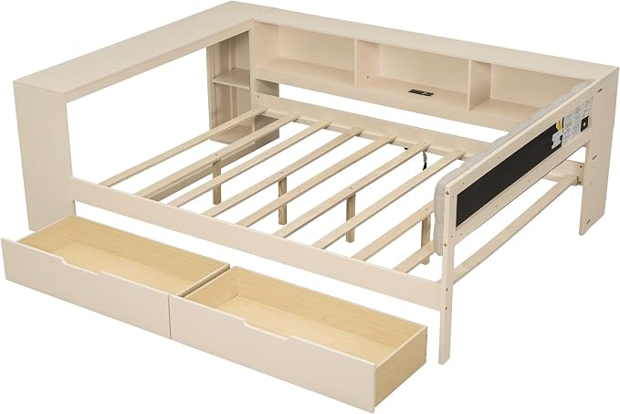 Ball & Cast Full Size Wood Daybed with Storage Shelves and Built-in Desk,Platform Bed w/Under-Bed Drawers & Charging Station,Upholstered Headboard,No Box Spring Needed,for Student Dorms,Cream