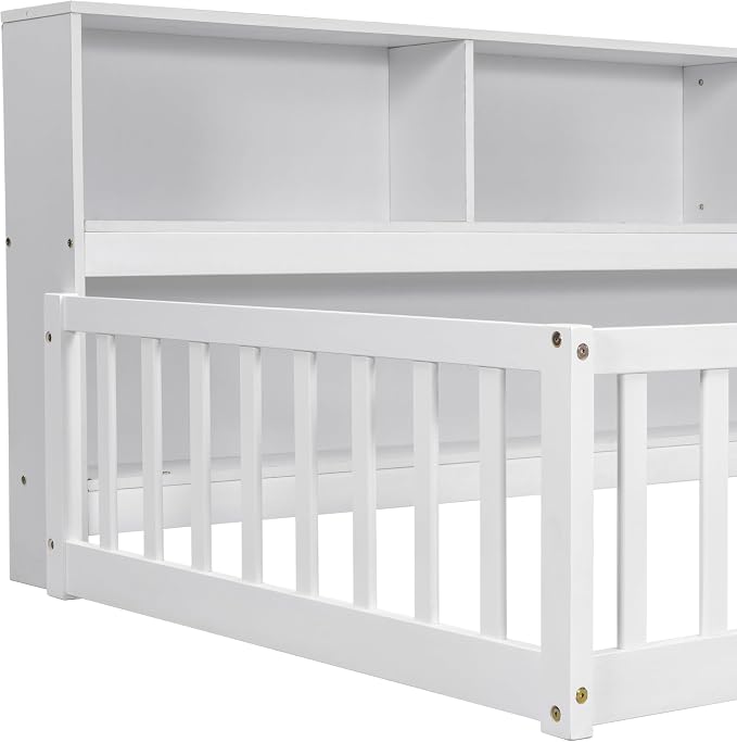 Bellemave Kids Montessori Floor Bed Twin Size, Floor Bed Frame with Bookcase and Shelves for Kids Boys Girls,Twin,White