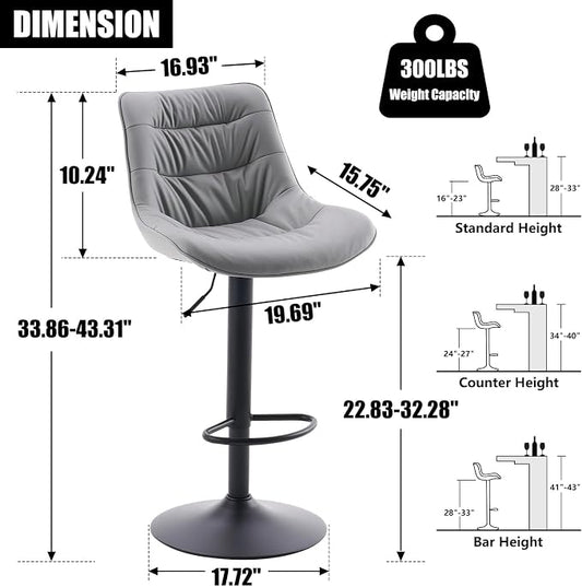 Kidol & Shellder Adjustable Bar Stools Set of 2, Faux Leather Counter Height BarStools with Back, Modern Mid Century Upholstered Bar stools for Kitchen Island Gray