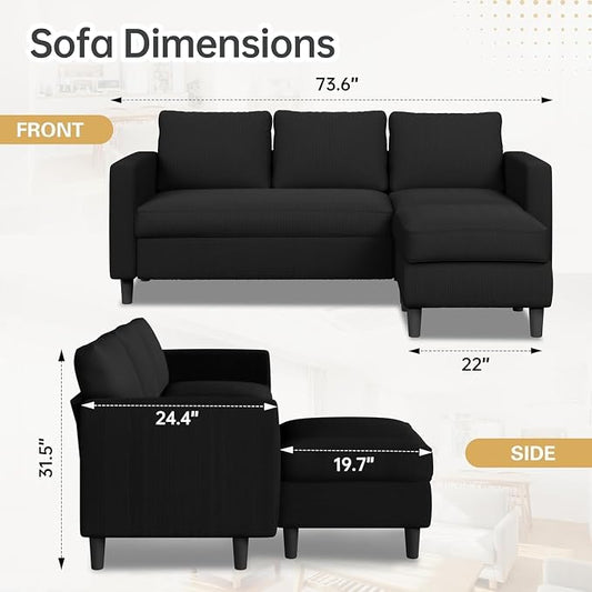 JAMFLY Sectional Sofa for Living Room, 3-Seat Reversible Couch with Convertible Ottoman, Modern L-Shaped Sofas for Small Apartment, Studio & Office, Tool-Free Easy Assembly, Black