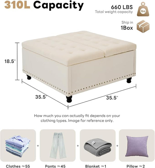 Tbfit Large Square Storage Ottoman Bench, Tufted Upholstered Coffee Table Ottoman with Lift Top & Wooden Legs, Oversized Storage Ottomans Toy Box for Living Room (Beige Velvet)