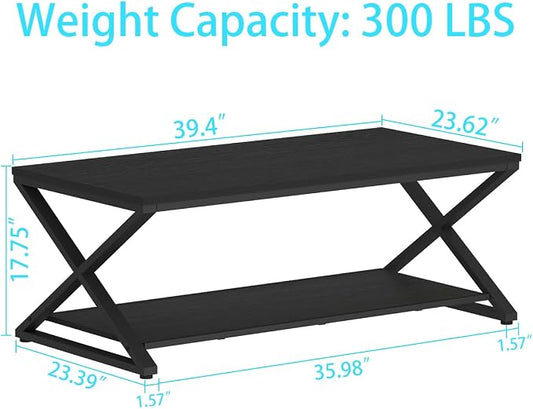 HSH Black Modern Minimalist Metal Wood Living Room Table with Storage Shelf, 39 Inch 2 Tier Rectangle Center Coffee Table