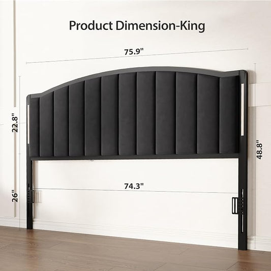 Headboard for King Size Bed with LED Lights, Upholstered Vertical Channel Tufting Head Boards, Velvet Headboard Only, Study & Comfortable, Ideal for Bedroom, Dorm, Guest Room, Black