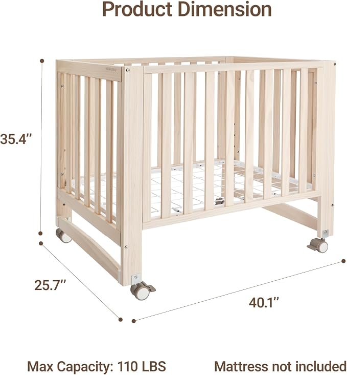 MAMAZING EvoNest 6-in-1 Convertible Baby Mini Crib with Wheels, GREENGUARD Gold Certified, 4 Adjustable Mattress Heights, 100% New Zealand Pine Wood, Portable Crib for Small Spaces, Washed Natural