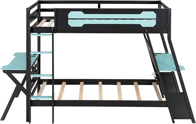 Merax Wooden Twin Over Twin Bunk Bed with 2 Side Desks, USB Desktop Ports and Pegboard Organizer, Gaming Bunk Bed for Gamer, Kids or Teens, No Box Spring Needed, Cloud Blue
