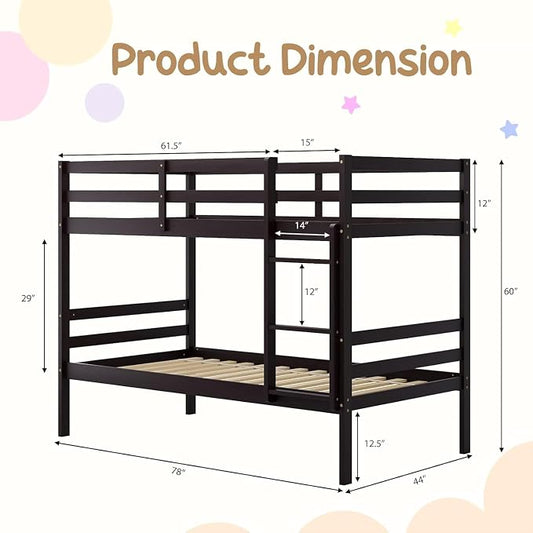 NAFORT Bunk Bed Twin Over Twin, Solid Wood Bunk Bed with Ladder and Safety Rails, Wooden Bed Framefor Kids Teens or Guests, Space-Saving Furniture for Bedroom Dorm, Espresso