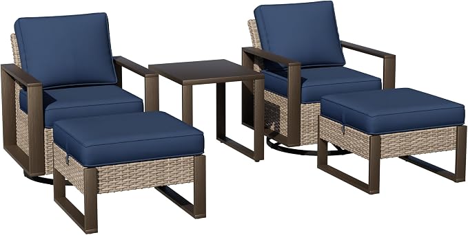 Outdoor Patio Swivel Rocker Chairs, 5 Pieces Wicker Furniture Set, 2 Swivel Rocking Chairs, 2 Ottoman and 1 Table, Metal Wide Armrest, Thick Cushions and Deep Seating for Garden, Backyard, Porch, Deck