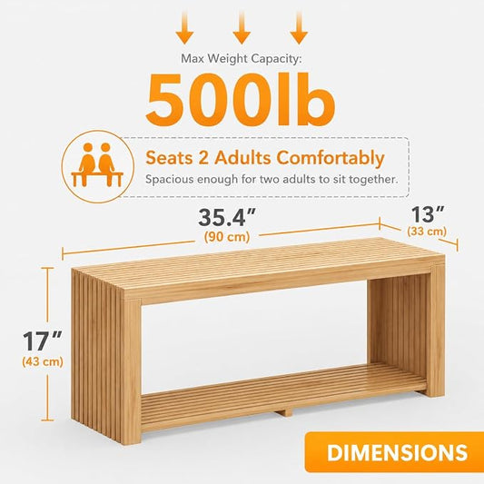 Bamboo Bench with Shelf, 35'' Entryway Bench Seat, Natural | Shoe Bench for Entryway, Hallway, Doorway, Modern Benches for End of Bed Bench, Low Bench for Window