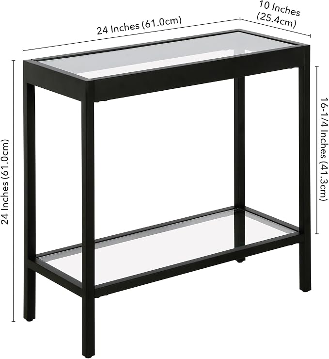 Henn&Hart 24" Wide Rectangular Rectangular Side Table in Blackened Bronze, Table for Living Room, Bedroom | Two-tiered glass shelves with a metal frame, offering open display space for living rooms, offices, or bedrooms