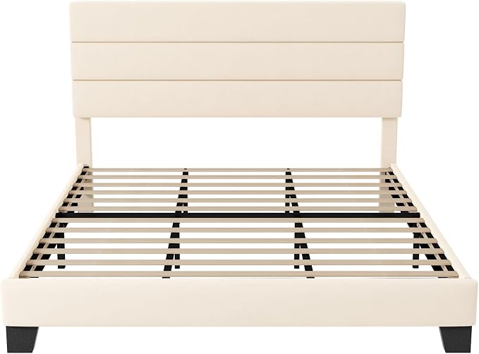Allewie King Size Platform Bed Frame with Velvet Upholstered Headboard and Wooden Slats Support, Fully Upholstered Mattress Foundation/No Box Spring Needed/Easy Assembly, Cream