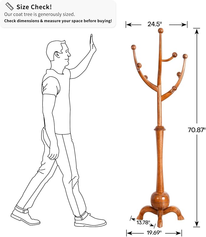 Coat Rack Freestanding Wood Coat Tree with Stable Sphere Base, Light Brown | 8 Hooks Tree Branch Design, Heavy Duty Standing Coat Hanger for Entryway, Hallway, Bedroom, Foyer; Hangs Coats, Hats, Bags