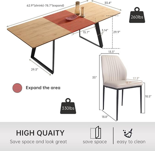 ZckyCine 63‑79 Inch Expandable Dining Set with 6 PU‑Leather Chairs, Wooden Tabletop for Large Dining‑Rooms and Banquet Spaces