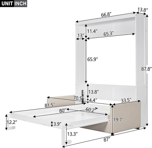 MERITLINE Queen Murphy Bed with Sofa,Wood Vertical Folding Murphy Wall Bed Cabinet with Couch,for Adults Guest Rooms,Offices,Apartments (White)