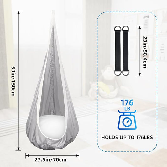 Kids Swing Seat Hammock Chair Indoor Outdoor Hanging Chair for Children,Soft & Safe with High Weight Capacity, Easy Install Perfect for Bedroom, Garden, Playroom (Gray)