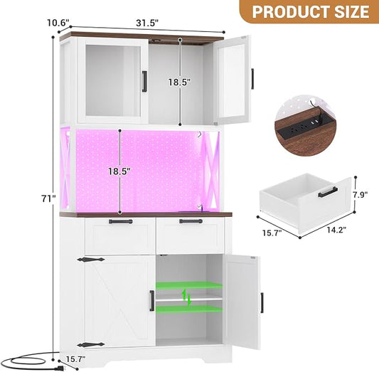 Unikito 71" Pantry Cabinet with LED Light & Outlet, Tall Kitchen Pantry Storage Cabinet with Microwave Stand, DIY Pegboard, Drawers and Adjustable Shelf, Farmhouse Kitchen Hutch for Dining Room