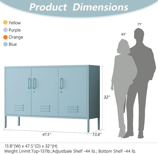 32" Blue 3 Door Lockable Metal Cabinet, Freestanding Heavy Duty Storage Locker with Adjustable Shelves for Home Office Kitchen Living Room