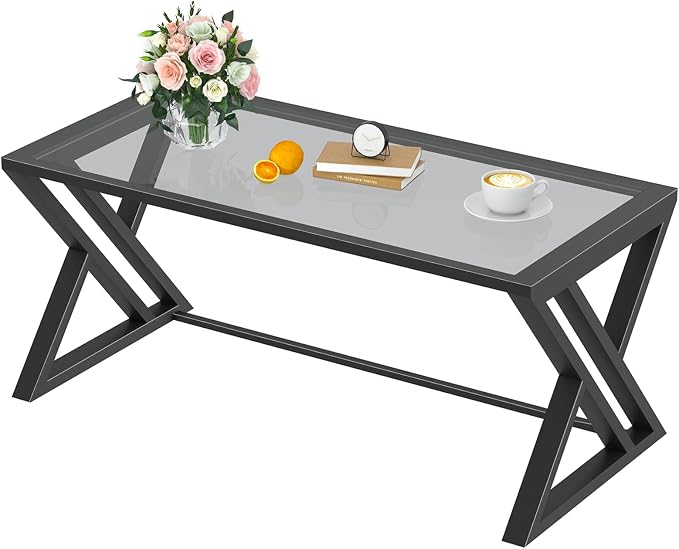 Wolawu Coffee Table Grey Glass Coffee Table for Living Room,Modern Rectangular Center Table with Sturdy Metal Frame,Tempered Glass Tables for Bedroom Home Office