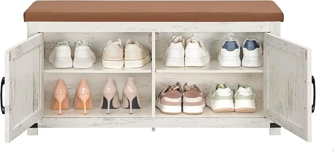 Hzuaneri Shoe Storage Bench, 2 Tier Shoe Bench with Padded Seat Cushion & 2 Barn Doors, Entryway Bench with Adjustable Shelf, Farmhouse Shoe Cabinet for Living Room, Bedroom, Antique White SB26614KA