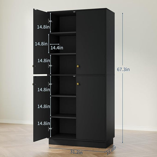 Garvee Kitchen Pantry Cabinet, 68'' Pantry Storage Cabinet with 4 Doors and 4 Adjustable Shelves, Wooden Freestanding Cupboard for Kitchen, Dining Room and Living Room, Black