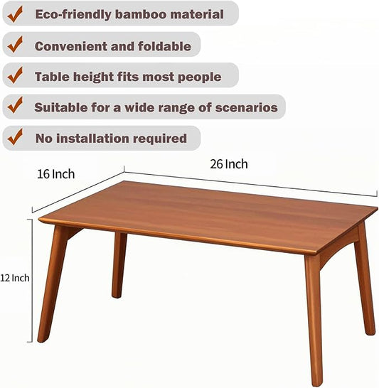 Bamboo Folding Coffee Table, Japanese Low Desk, No Assembly Portable Furniture, for Dining Working Studying Relaxing, Walnut, 26 x 16 x 12 Inches