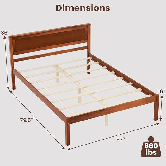 Giantex Full Size Wood Platform Bed with Headboard, Mid Century Solid Wood Full Bed with Slat Support, Double Bed Frame with 16" Under Bed Storage, No Box Spring Needed, Easy Assembly, Walnut