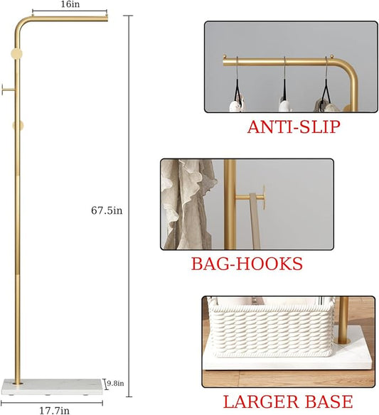 TIEOU Gold Coat Racks, Metal Coat Racks Freestanding with Crossbar and 3 Hooks, Modern Coat Hanger with Marble Base, L Shaped Coat Stand for Entryway, Bedroom, Living Room, Office