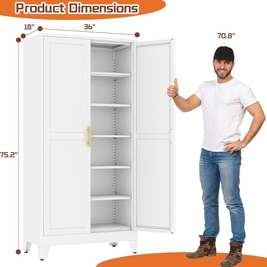 White Metal Storage Cabinet,75" Steel Cabinets for Home Office, Kitchen Pantry Storage Cabinet with Doors and 5 Adjustable Shelves, Tool Cabinets, for Office, Home, Garage, School, 36" W