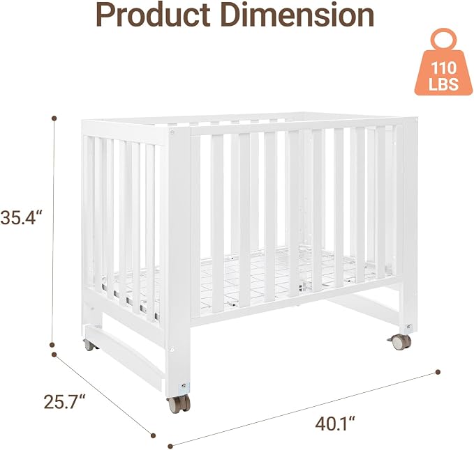 MAMAZING EvoNest 6-in-1 Convertible Baby Mini Crib with Wheels | GREENGUARD Gold Certified, New Zealand Pine Wood, 4 Adjustable Heights, Rocking Mode, Small Spaces Design, White