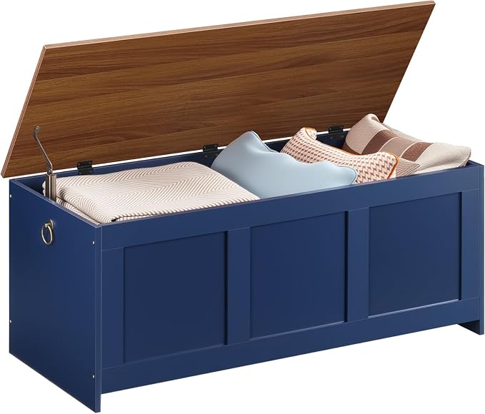 HOOBRO Storage Bench, 39.3" Retro Wooden Storage Chest, Wooden Storage Trunk, Toy Chest with Lift Top, Multifunctional Entryway Organizer, for Entryway, Living Room, Blue and Walnut UH141CW01G1