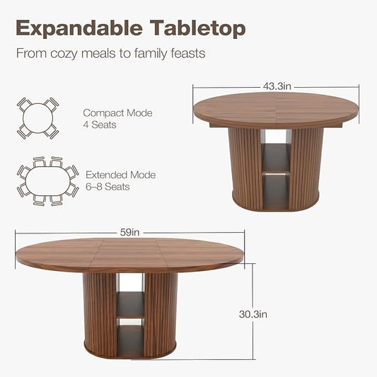 43.3''–59'' Extendable Round Dining Table for 4–8, Modern Wood Oval Kitchen Table with Storage Shelf, Space-Saving Expandable Circle Dinner Table for Dining Room or Living Room (Walnut)