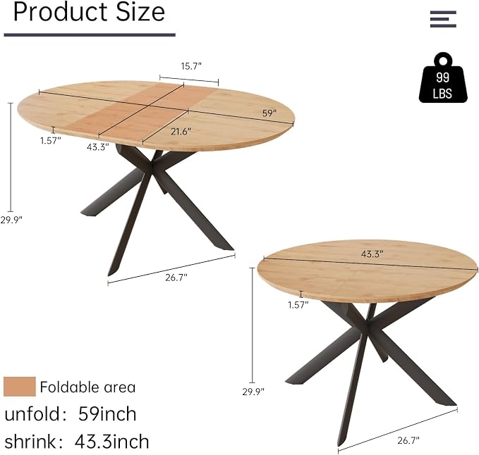 HIPIHOM 43.2"-59.1" Extendable Round Dining Table | Mid century modern oak finish, MDF board, space saving design, for 4-6 person, kitchen & coffee table