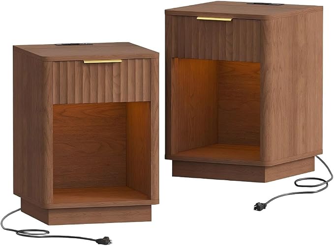 Akxomel Fluted Nightstands Set of 2, Wooden Night Stand with Charging Station and LED Light, Modern Mid Century End Table with Drawer, 15" D x 15.7" W x 22.6" H, for Bedroom, Walnut