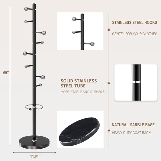 Modern Metal Coat Rack Stand, Coat Rack Freestanding with Natural Marble Base, Sturdy Heavy Duty Coat Racks with 8 Hooks, Black Coat Hall Tree Stand for Entryway, Office