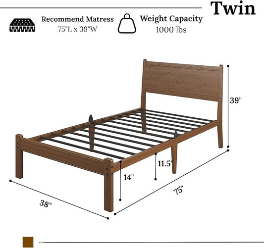Askeld 14 inch Bamboo Twin Bed Frame with Headboard, Light Cottagecore Solid Wood Platform Bed No Box Spring Needed, Easy Assembly, Noise Free, Light Walnut Color