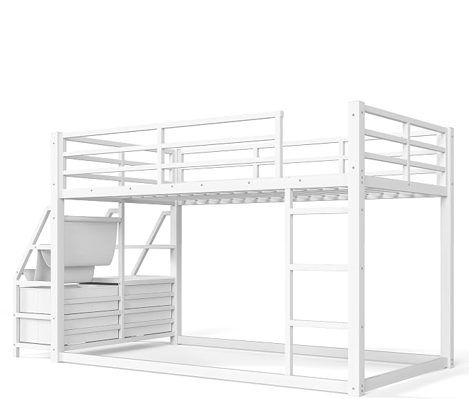 Bellemave Twin Over Twin Bunk Bed with Storage Shelves & 4 Drawers,Heavy Duty Metal Bunk Bed for Teens with LED Lights, Low Bunk Beds for Kids with Guardrails & Ladder, No Box Spring Needed, White