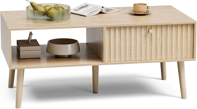 LCRBOL Coffee Table with Fluted Drawer, Modern, Oak | 39.3"W x 19.7"D x 17.1"H, 1 fluted drawer & open shelf, golden handle, 5 legs, ~45 min assembly