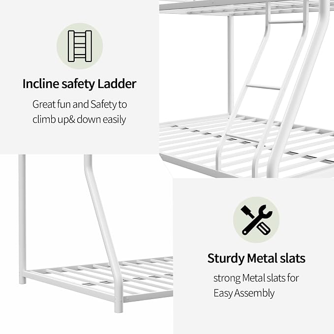 EMKK Twin Over Full Bunk Bed Metal Bunk Beds for Teens Adults, Heavy Duty, Twin Over Full Size Bunk Beds with Ladder & Safety Guardrails,No Box Spring Needed,Easy to Assemble,White