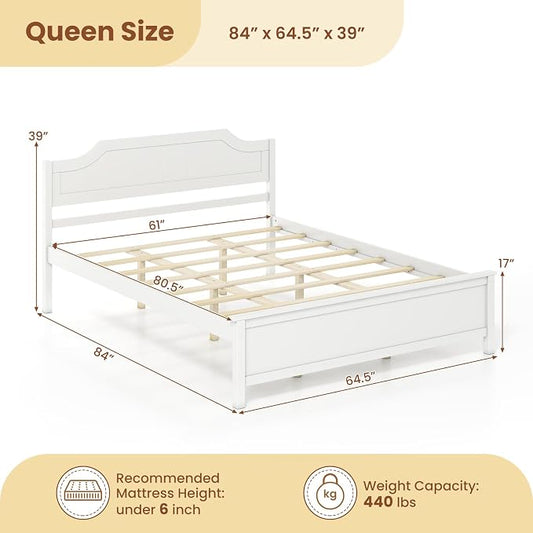 Giantex Queen Size Wooden Bed Frame with Headboard, Wood Slat Support | Farmhouse Platform Bed with Heavy Duty Mattress Foundation, Under-Bed Storage, No Box Spring Needed, Easy Assembly (White)