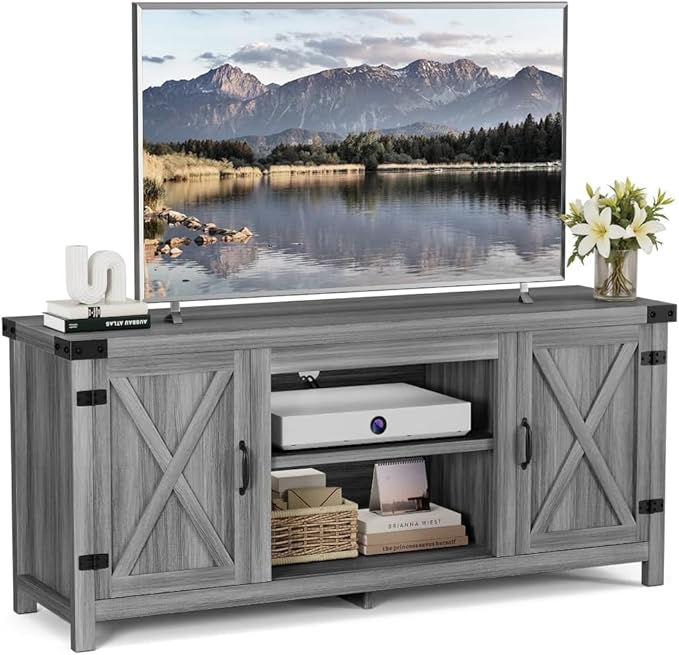 YESHOMY Modern Farmhouse TV Stand with Two Barn Doors and Storage Cabinets for Televisions up to 65+ Inch, Entertainment Center Console, Media Furniture for Living Room, 58 Inch, Gray Wash & Rustic