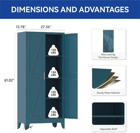 COFaR 61'' Tall Metal Storage Cabinet, Farmhouse Kitchen Pantry Cabinet with Doors and 3 Adjustable Shelves, Metal Pantry Storage Cabinets for Kitchen, Laundry, Peacock Blue 4-Tier