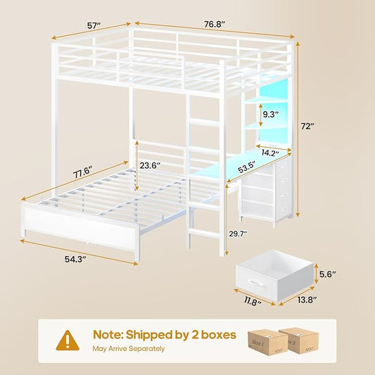 ADORNEVE Bunk Bed with Desk, Full Over Full Bunk Beds with Charging Station & Led Lights, 4 Storage Drawers & 2 Open Storage Shelves, Metal Loft Bed with Safety Guardrail & Ladder for Kids/Teen, White