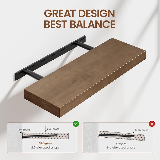 Heimlove Solid Wood Floating Shelves 24 inch, 8 Inch Deep Display Shelves Set of 2, Wall Mounted Floating Shelf with Invisible Brackets for Bathroom Bedroom Kitchen Living Room - American Walnut