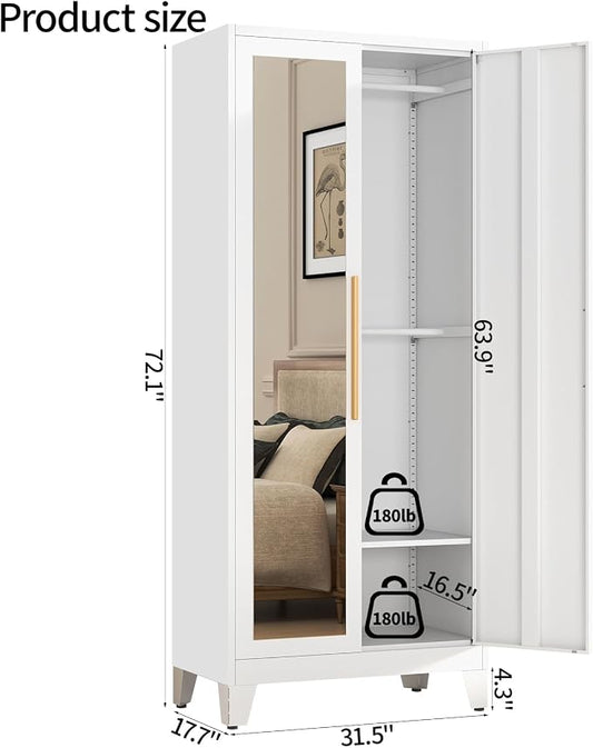 72" Tall Metal Armoire Wardrobe Closet - Large Clothing Storage Cabinet with Mirror Doors, 2 Hanging Rod & Adjustable Shelve - Closet Organizer for Bedroom, Office, Laundry Room, Garage - White
