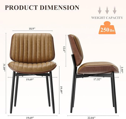 MALOL Leather Dining Chairs Set of 2, Modern Upholstered Dining Room Kitchen Chairs with Metal Legs and Wooden Back Support for Home Dining Room/Restaurant, Light Brown