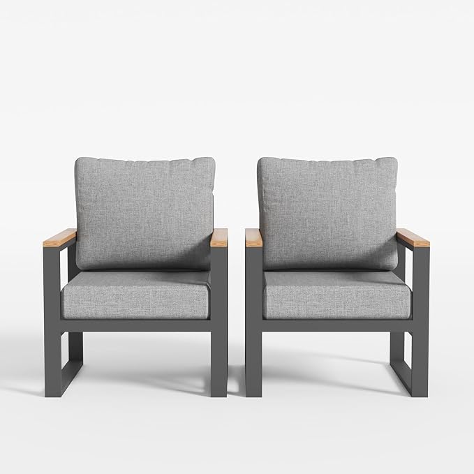 Sundale Outdoor 2 Pieces Patio Aluminum Armchairs, All-Weather Outdoor Furniture with 6” Olefin Cushion & Wide Armrest, Outdoor Chairs or Garden Deck Porch(Grey)