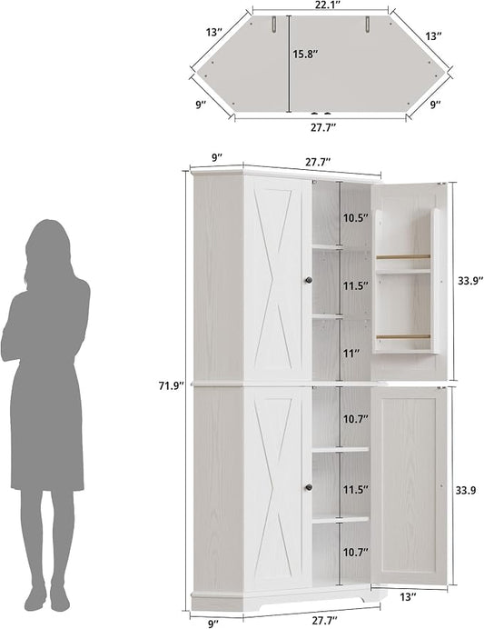 IRONCK Corner Cabinet, 72" H Kitchen Pantry Storage Cabinet, 4 Barn Doors with Storage Rack, 4 Adjustable Shelves, 6-Tier Tall Food Pantry Cabinet, Farmhouse Hutch for Kitchen Dining Room, White