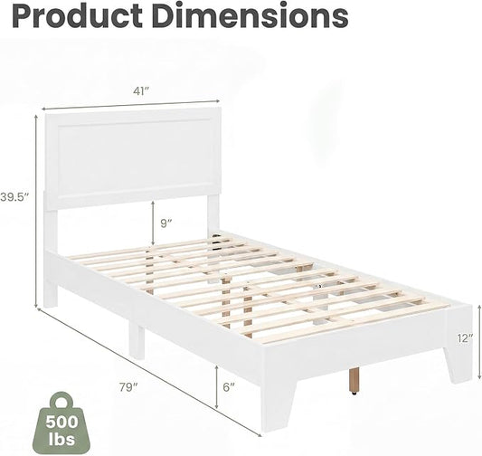 Giantex Twin Size Wooden Bed Frame with Headboard, Wood Slat Support | Modern Platform Bed with Heavy Duty Mattress Foundation, Under-Bed Storage, No Box Spring Needed, Easy Assembly (White)