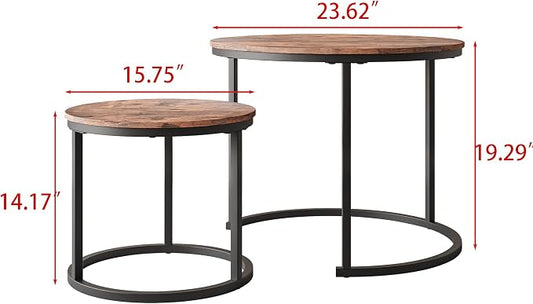 HOJINLINERO Round Coffee Table,Nesting Coffee Table Set of 2,Center Tables for Living Room,Office, Home Small Space,Stacking Side Tables,Sturdy and Easy Assembly,Wood Desktop,Rustic Brown,Small