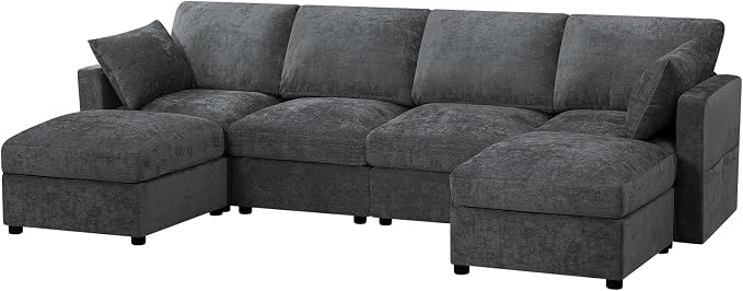110” Chenille 4-Seats Sofa W/Two Movable Ottomans, Grey | Modern Fabric U-Shaped Couch w/Soft Backrests, Upholstered Sectional Sofa w/Arm Pillows for Living Room, Office