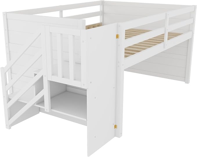 Bellemave Full Size Low loft Bed for Kids,Wood Loft Beds,Modern Farmhouse Full loft Bed,Loft Bed with Desk and Storage, No Box Spring Needed,for Kids, White and Natural
